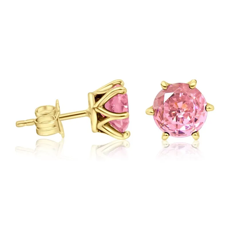 14K Gold Plated Pink CZ Stud Earrings - 7mm December Birthstone