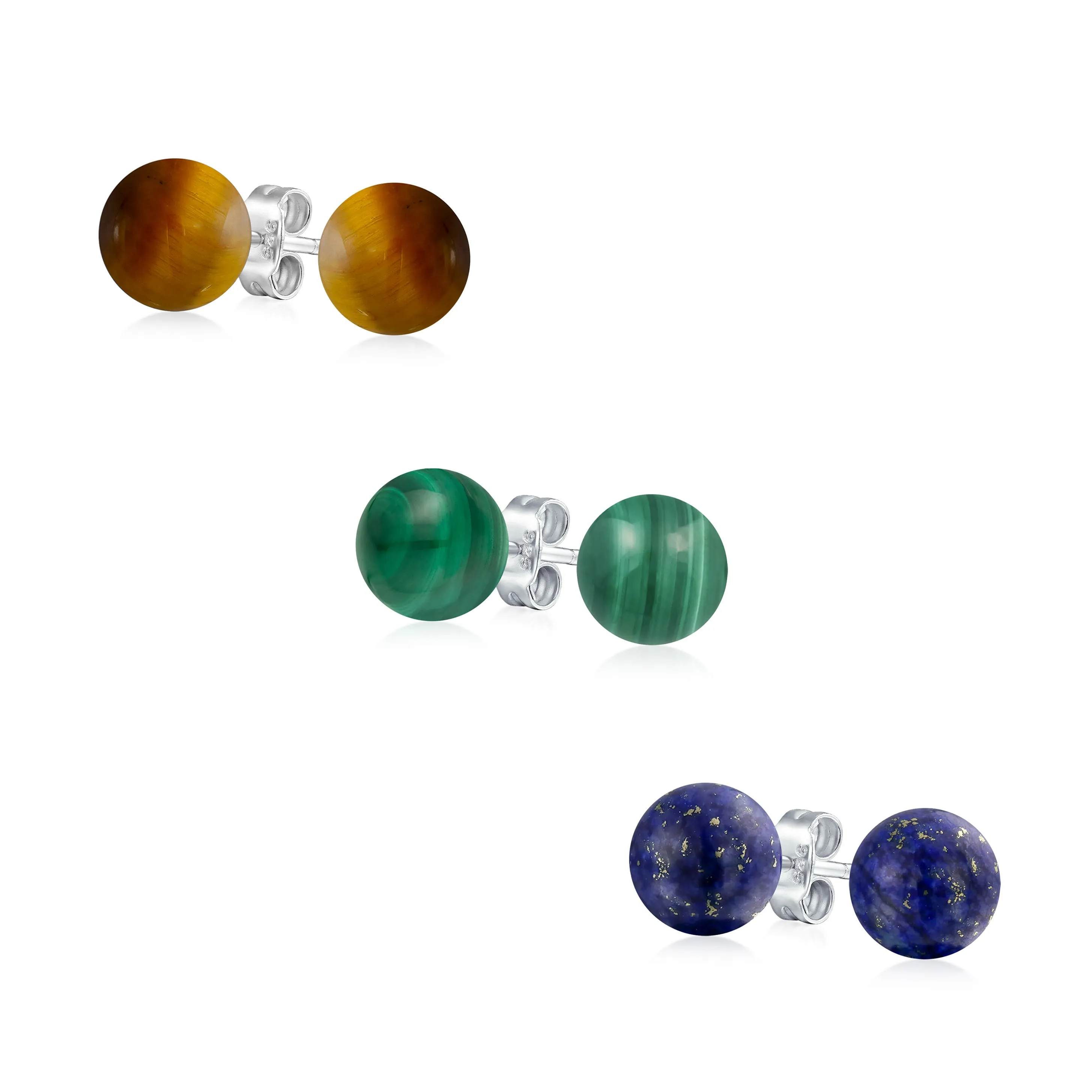 8mm Natural Gemstone Stud Earrings .925 Sterling Silver Birthstone Variety