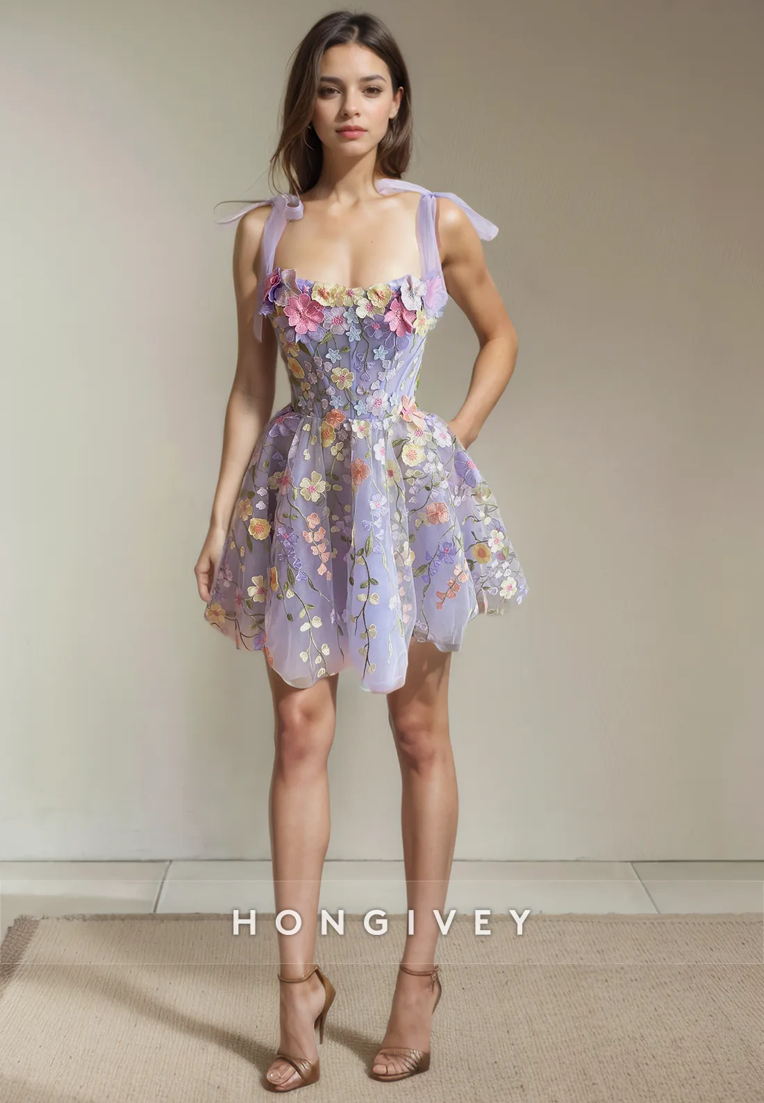 A-Line Bateau Spaghetti Straps Floral Appliqued Short Party Homecoming Dress