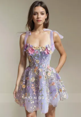 A-Line Bateau Spaghetti Straps Floral Appliqued Short Party Homecoming Dress