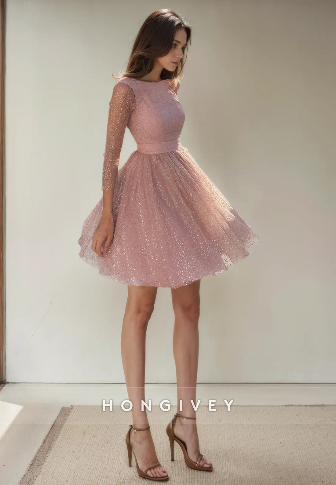 A-Line Round 3/4 Sleeves Tulle Short Party Homecoming Dress