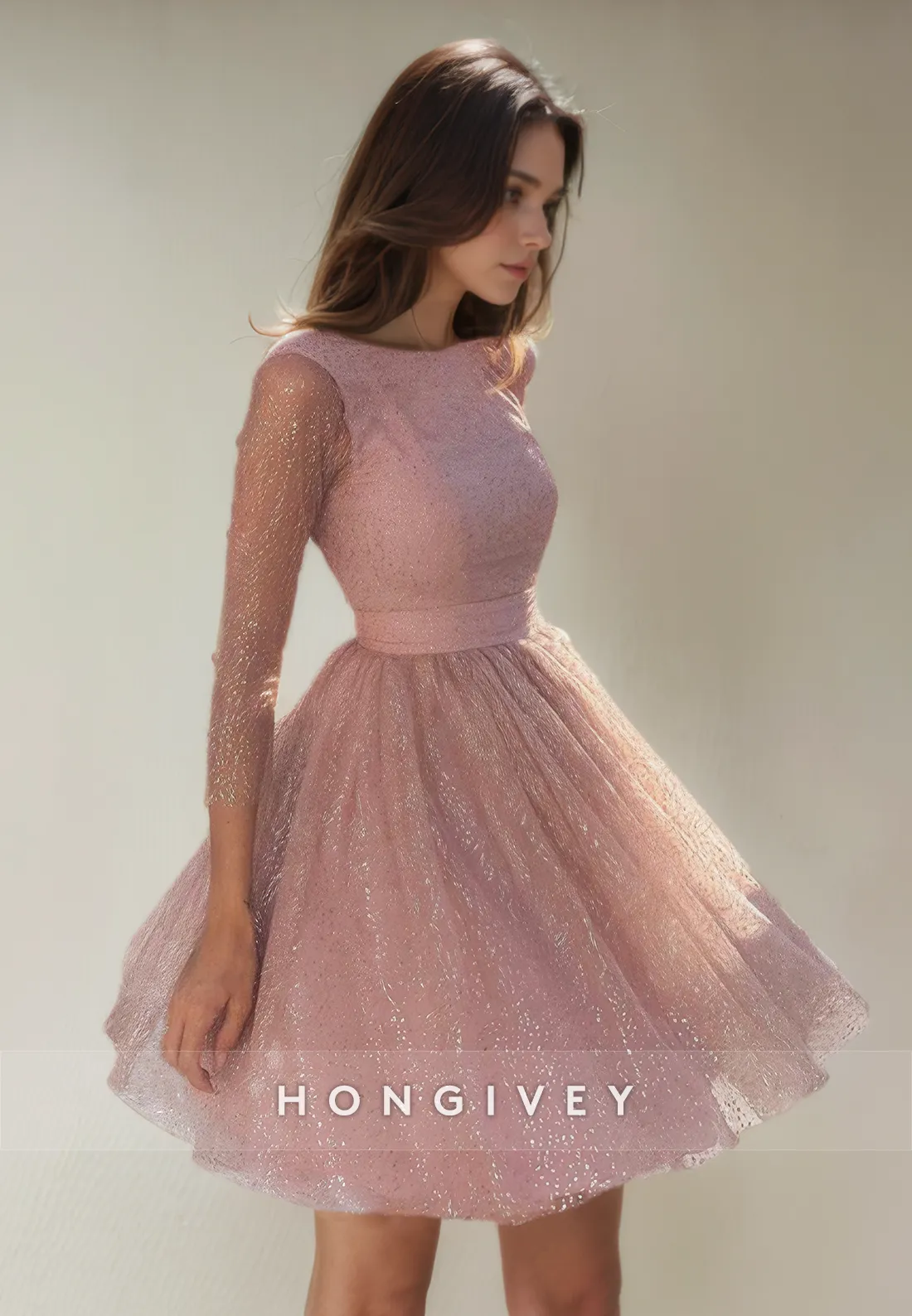 A-Line Round 3/4 Sleeves Tulle Short Party Homecoming Dress