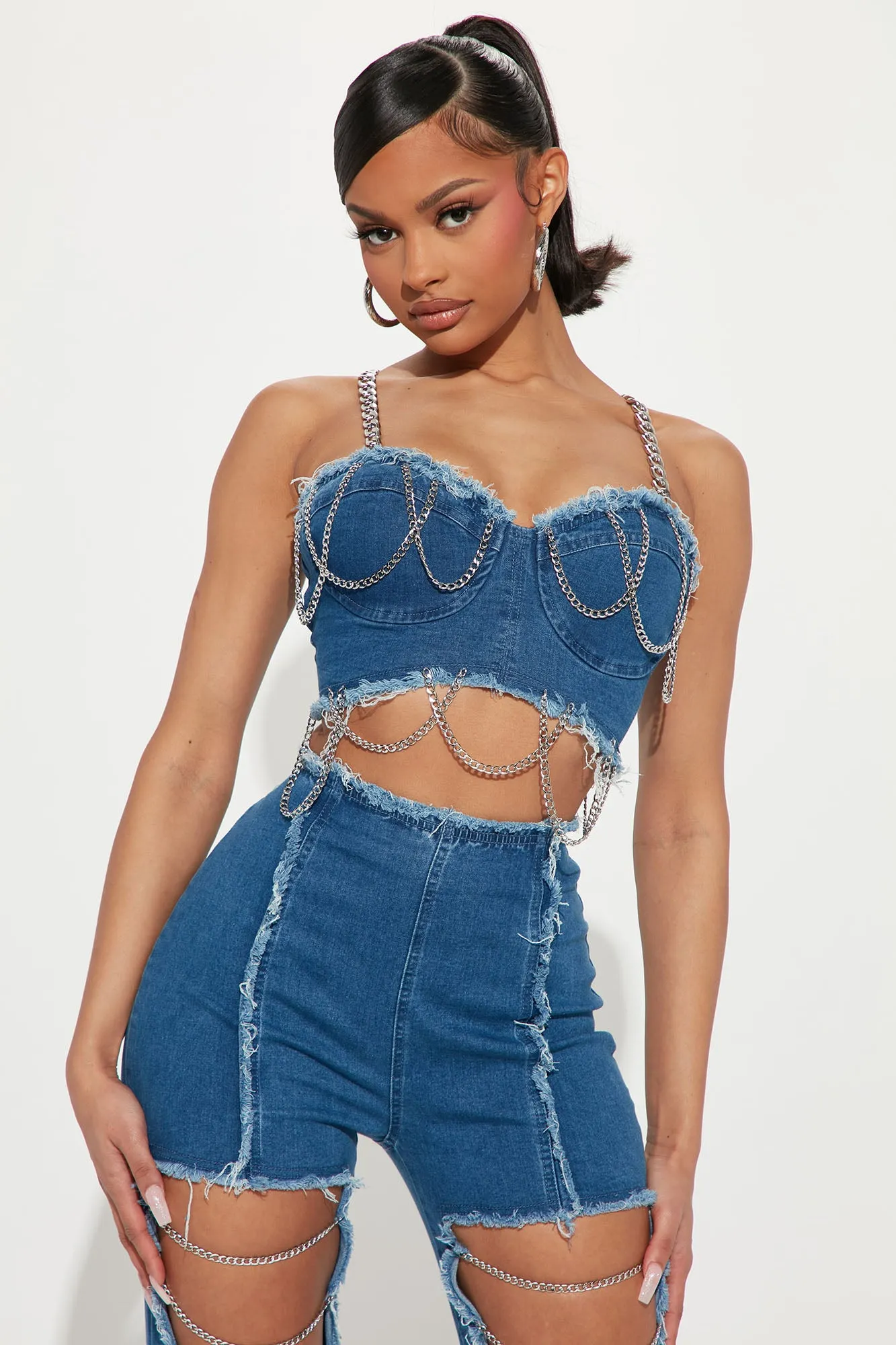 A Little Daring Chain Pant Set - Denim