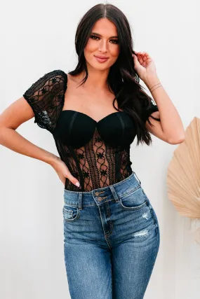 Ambrose Puff Sleeve Sheer Lace Bodysuit (Black)