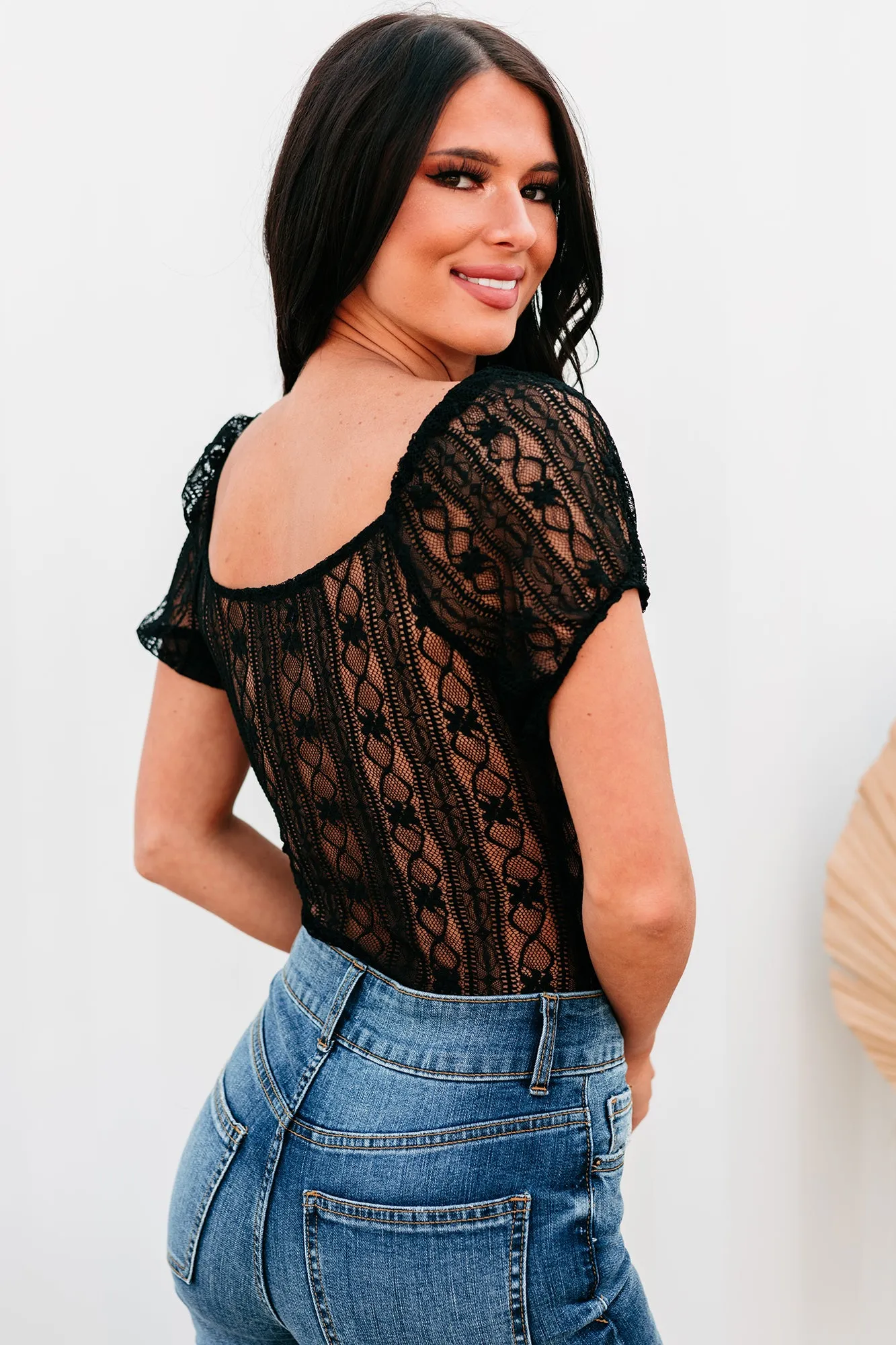 Ambrose Puff Sleeve Sheer Lace Bodysuit (Black)