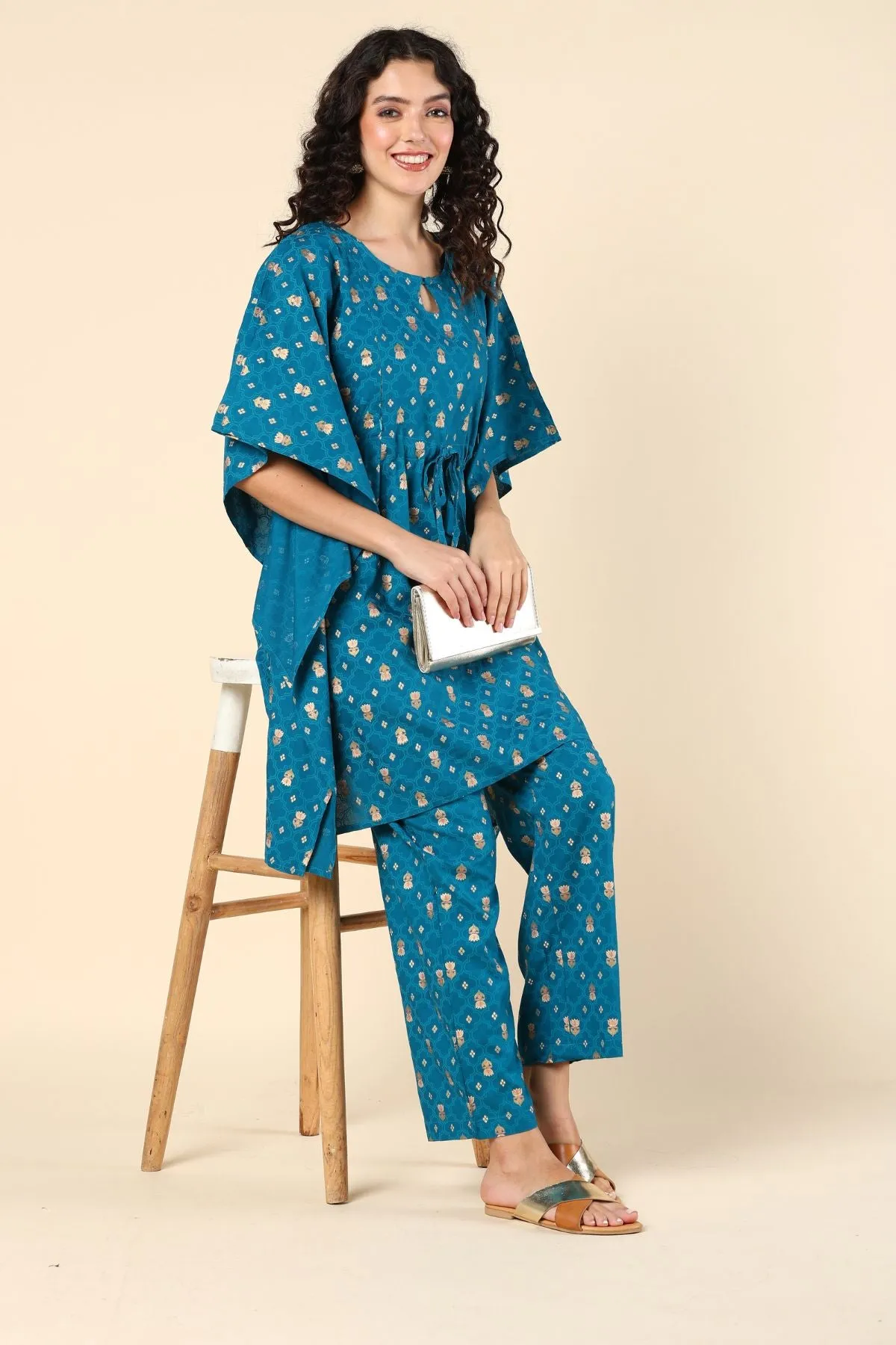 Aqua Blue Pregnancy Maternity Kaftan Set (Top & Bottom)