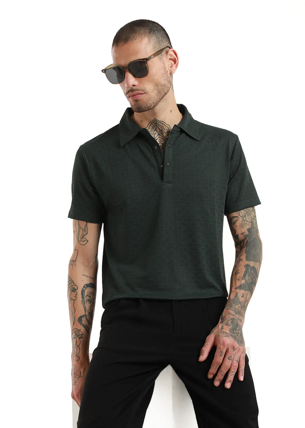 Basket Weave Olive Polo Tshirt