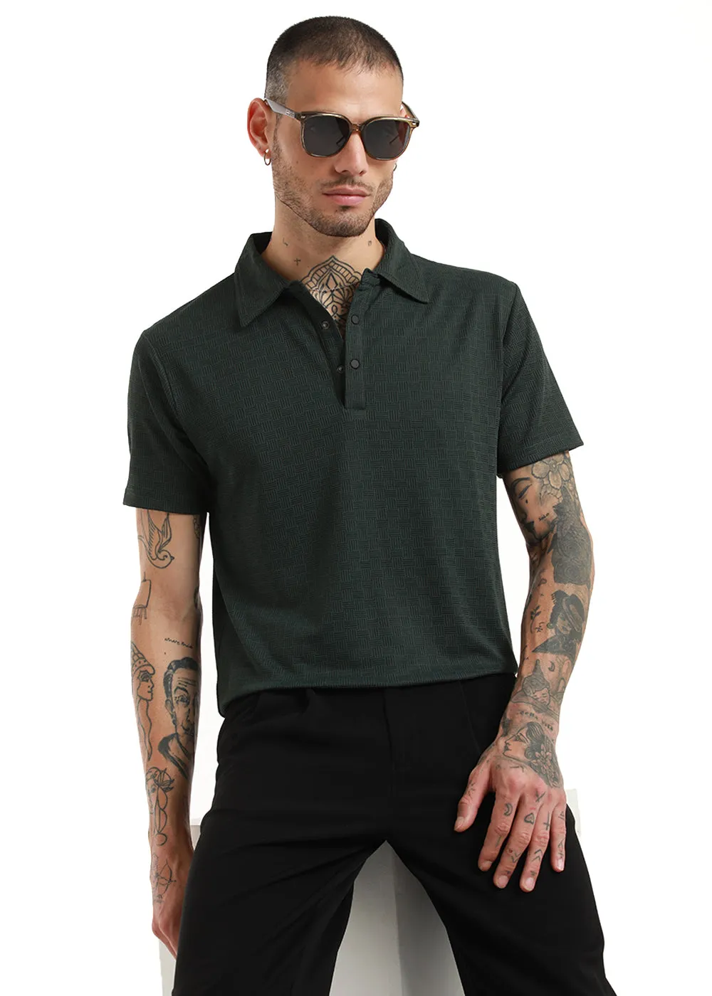 Basket Weave Olive Polo Tshirt