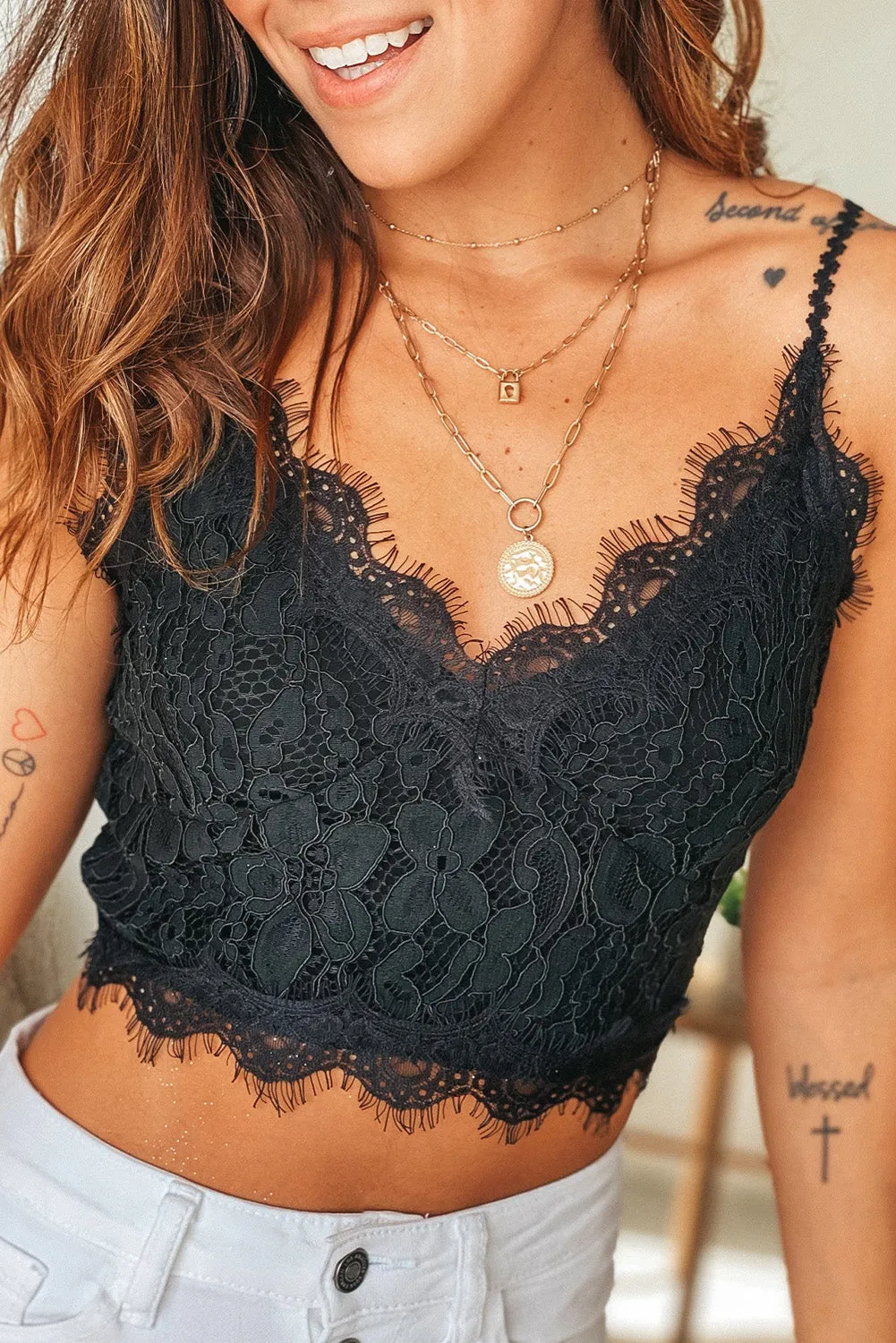 Black Eyelash Trim Floral Lace Overlay Bralette