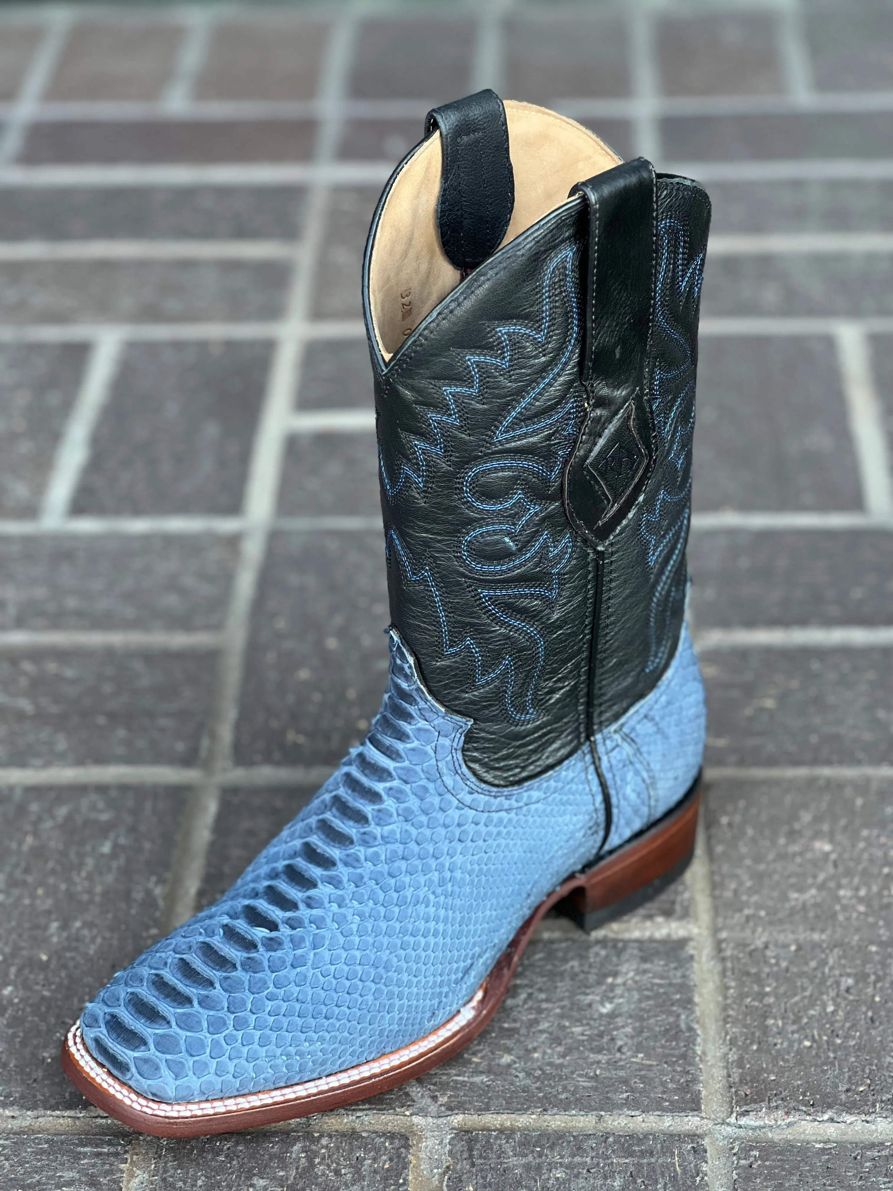 Blue Suede Finish Python Wide Square Toe Cowboy Boots