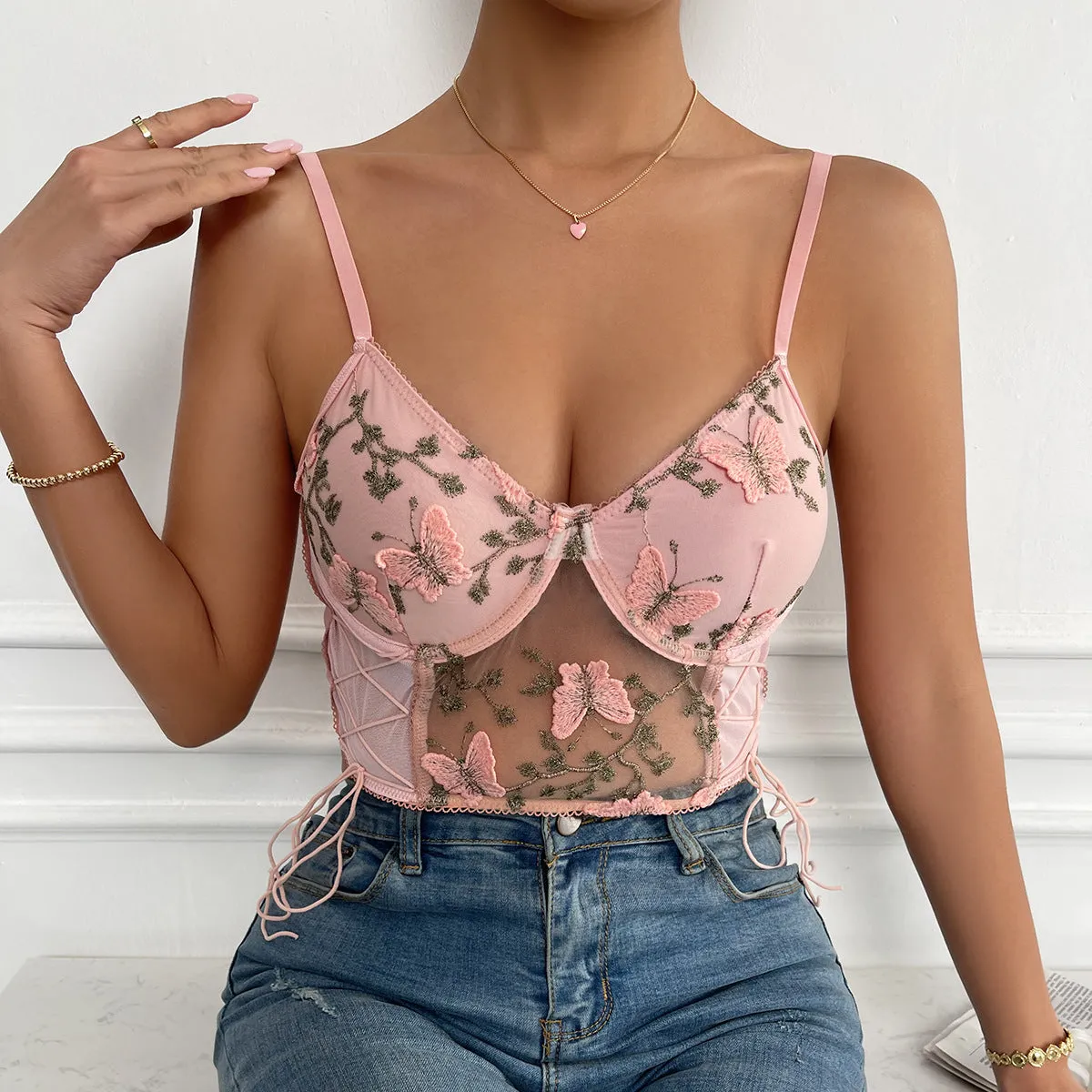 Butterfly embroidery Mesh bustier lace up padded cami top