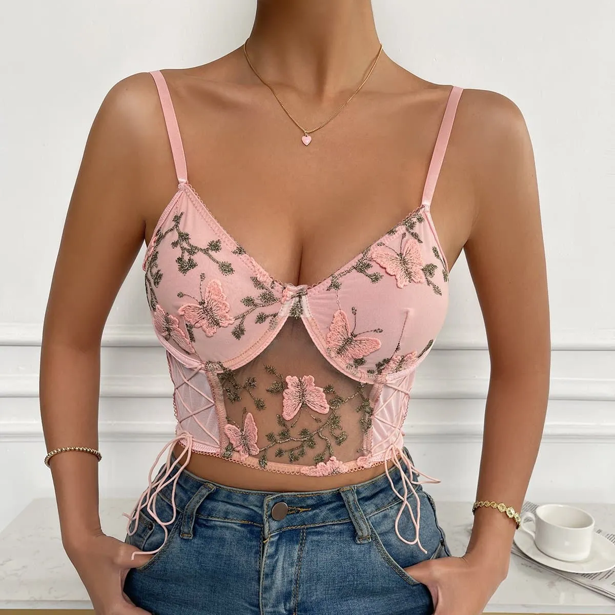 Butterfly embroidery Mesh bustier lace up padded cami top