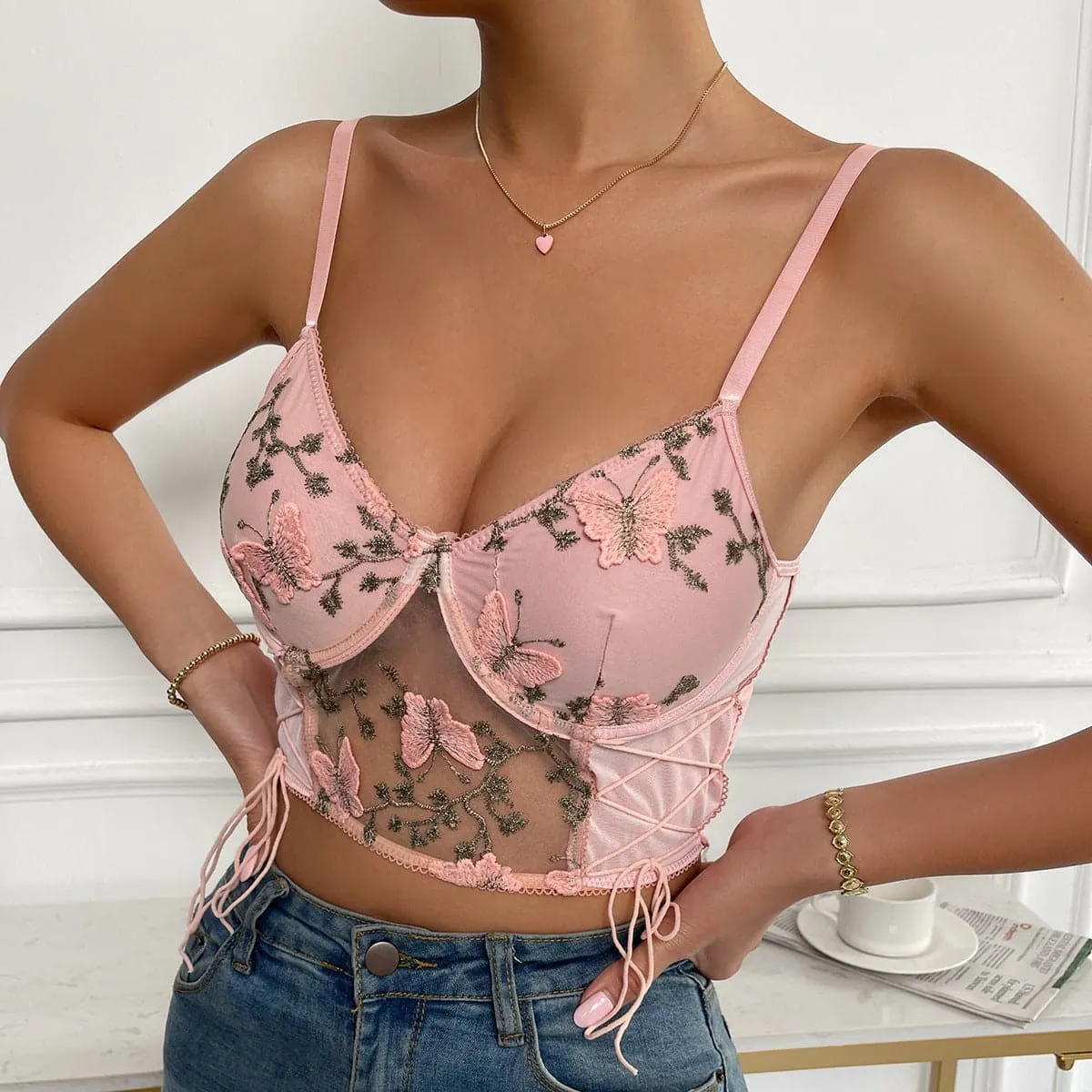 Butterfly embroidery Mesh bustier lace up padded cami top