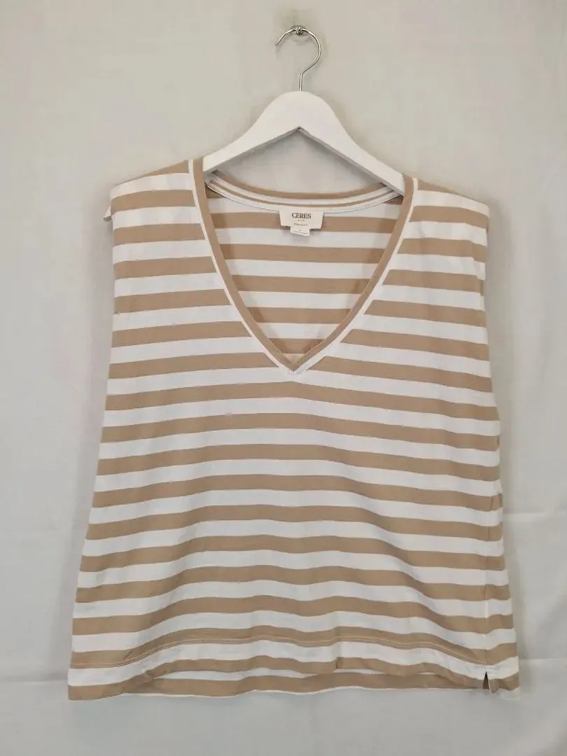 Ceres Life Latte Stripe Padded Shoulder Top Size L