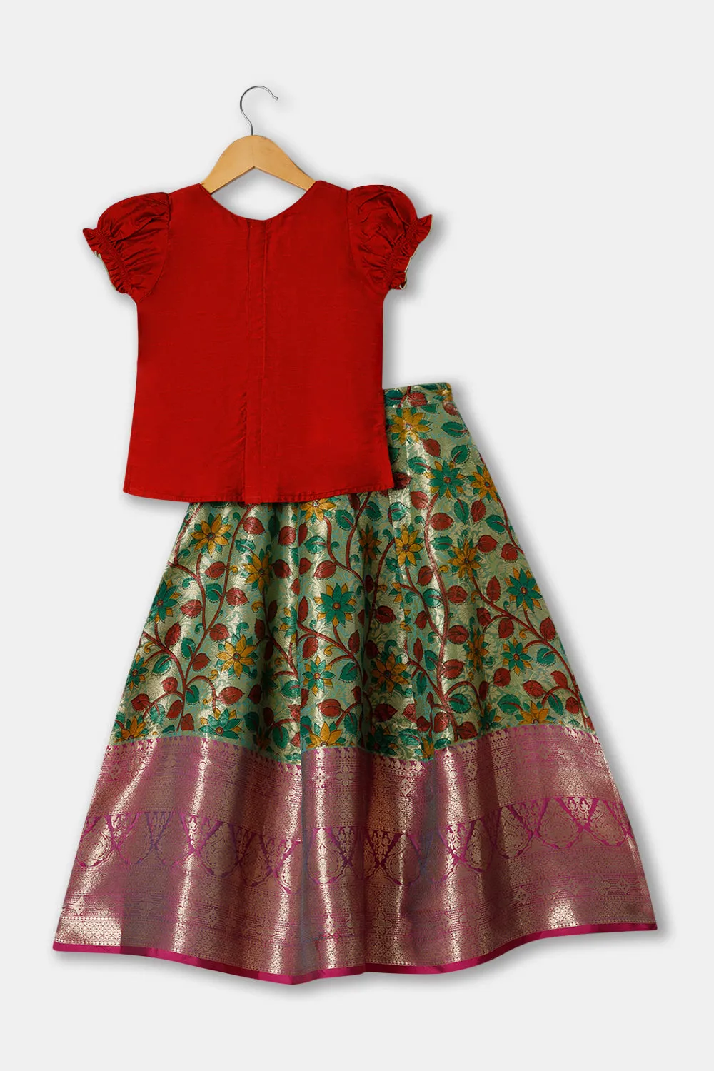 Chittythalli Girls Ethnic wear  Cotton blend  Pavadai Set with  Round Neck Puff Sleeve - Red - PS36