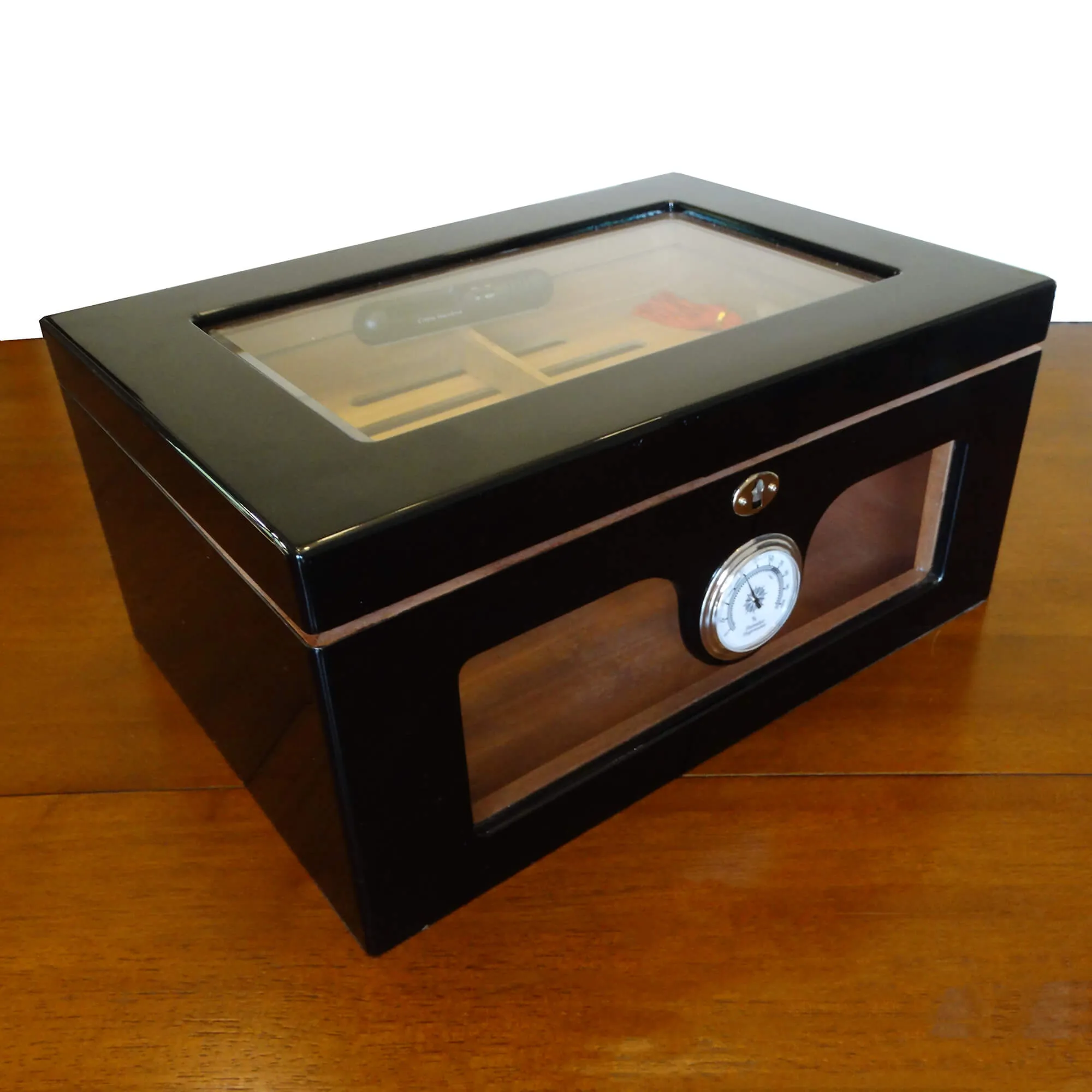 Cigar Humidor, Black Lacquer, Glass Top, Lock and Keys, Hygrometer, Shelf