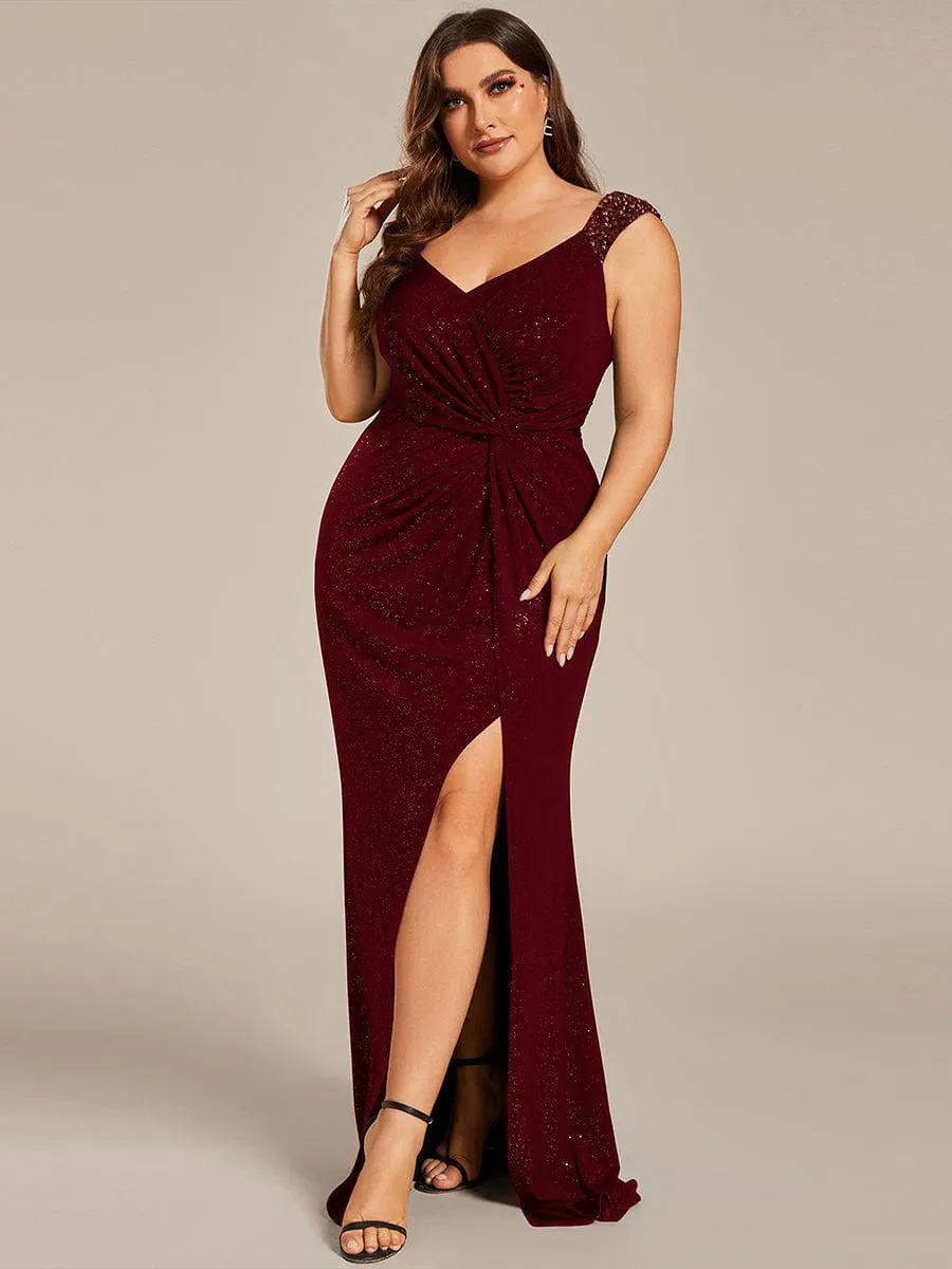 Custom Size Glitter V-Neck High Slit Sequin Shoulder Strap Evening Dress