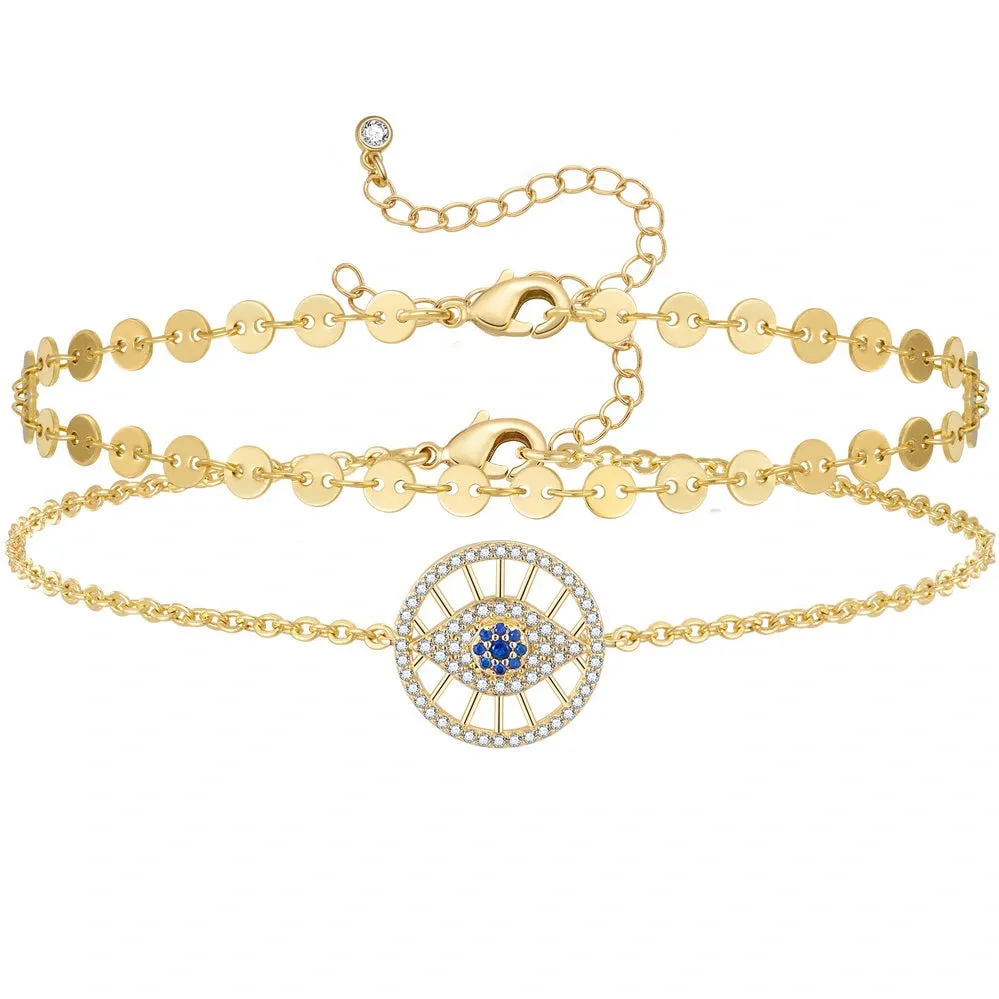 Dainty 14k Gold Plated Layering Evil Eye Anklets Set- Round Eyes Sequin