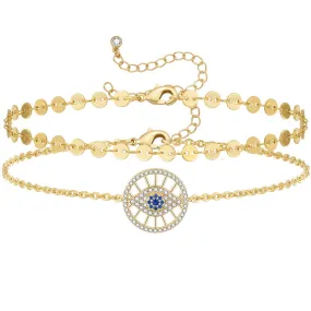 Dainty 14k Gold Plated Layering Evil Eye Anklets Set- Round Eyes Sequin