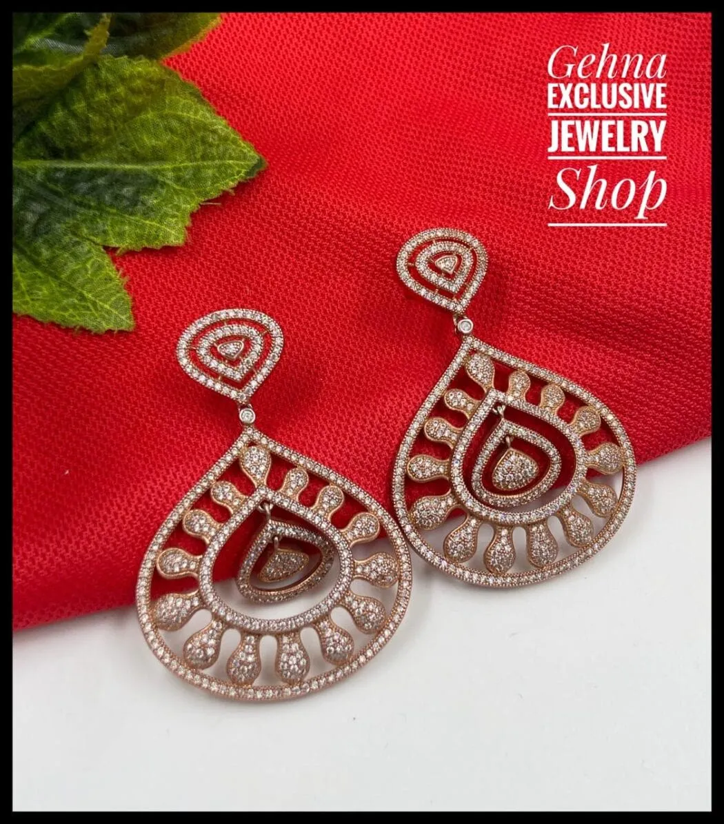 Designer Rose Gold Polish Zircon Earrings For Woman By Gehna Shop