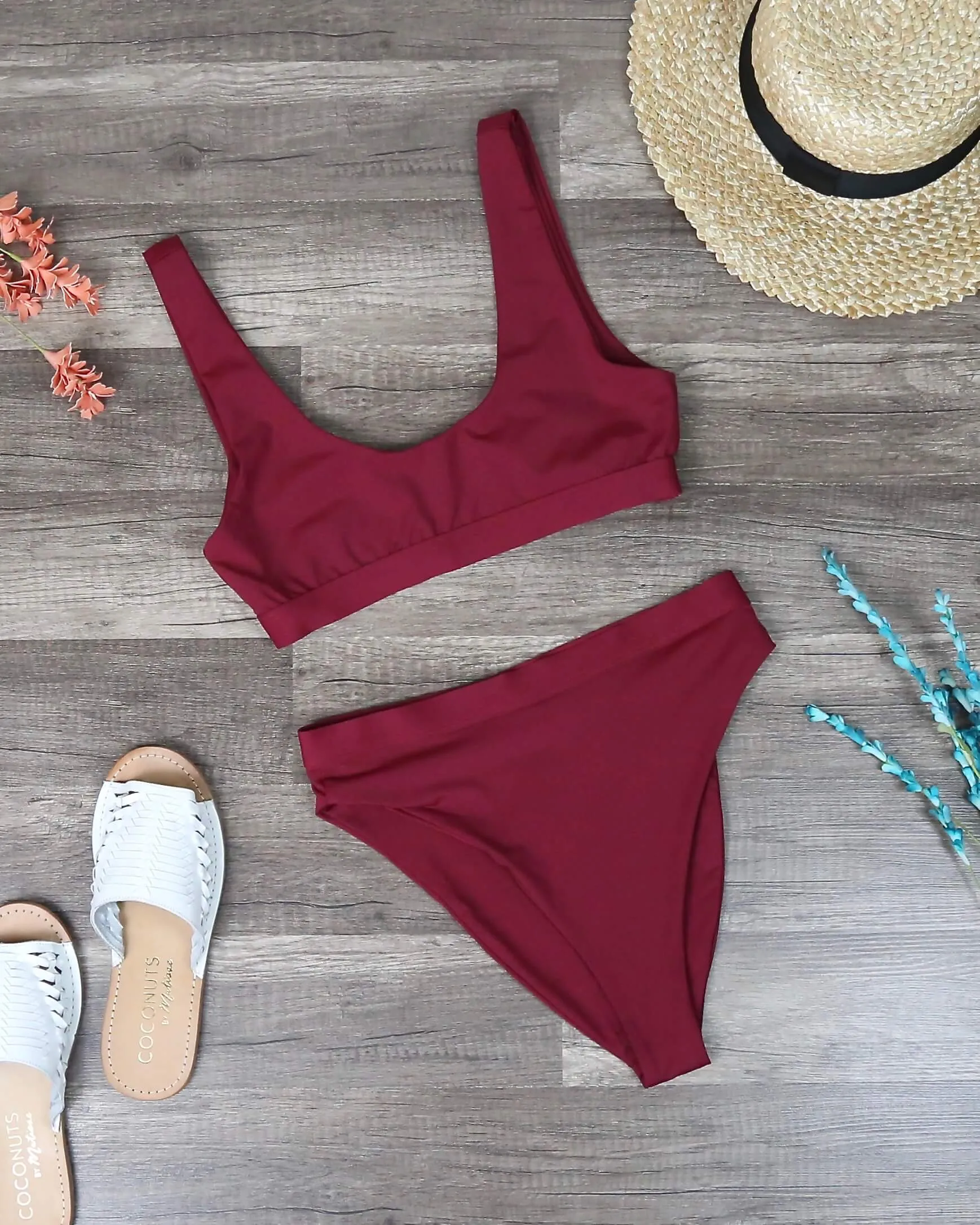 Dippin' Daisy's Sporty Swim Top   Banded High Waist High Cut Cheeky Bottom Separates - Dark Burgundy