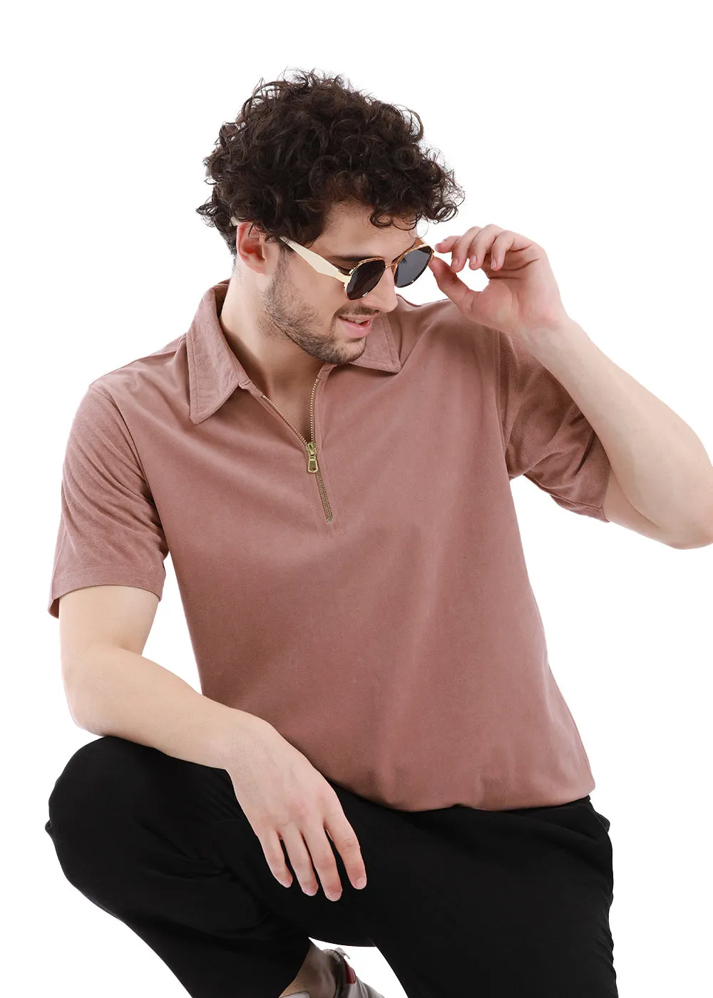 Dusky Pink Zip polo T-shirt