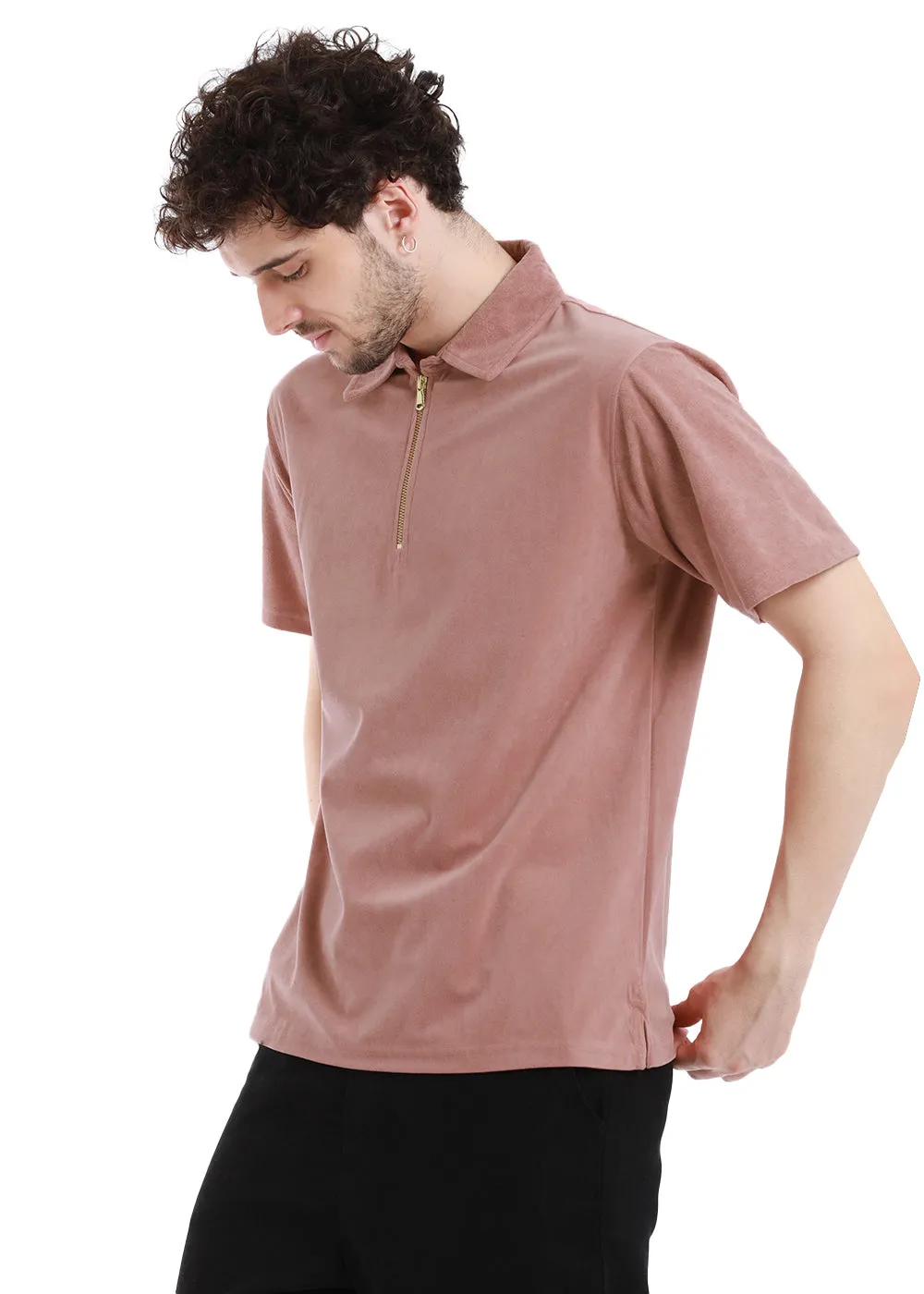 Dusky Pink Zip polo T-shirt