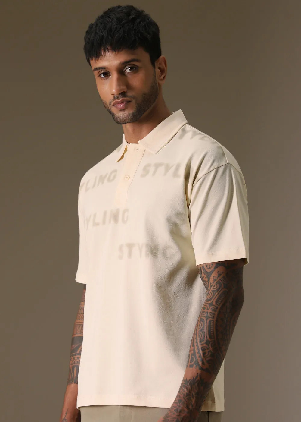 Faded Print Cream Polo T-shirt