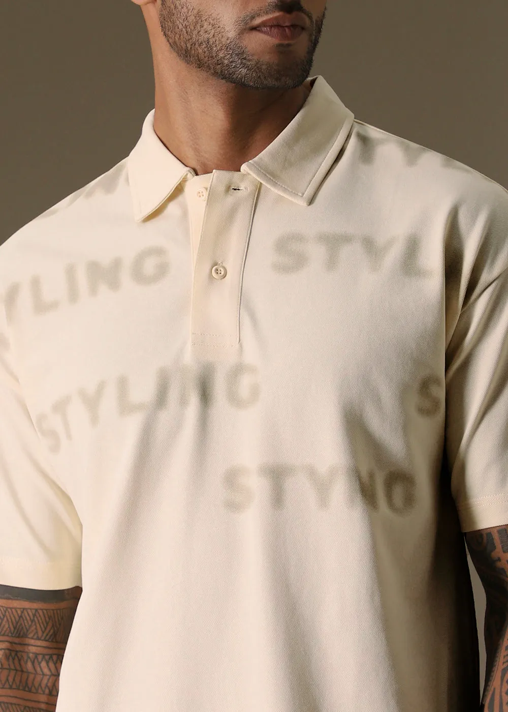 Faded Print Cream Polo T-shirt