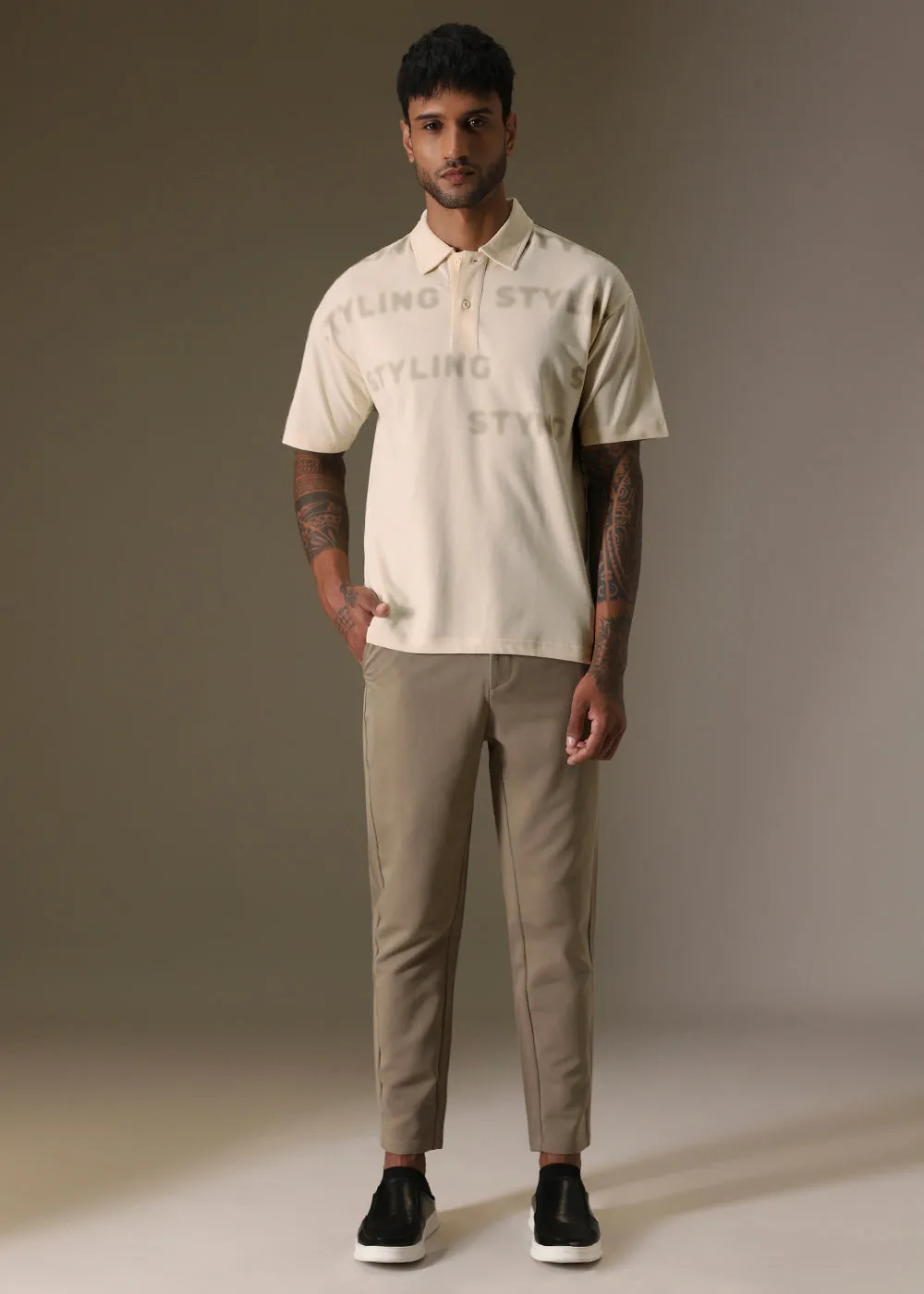 Faded Print Cream Polo T-shirt