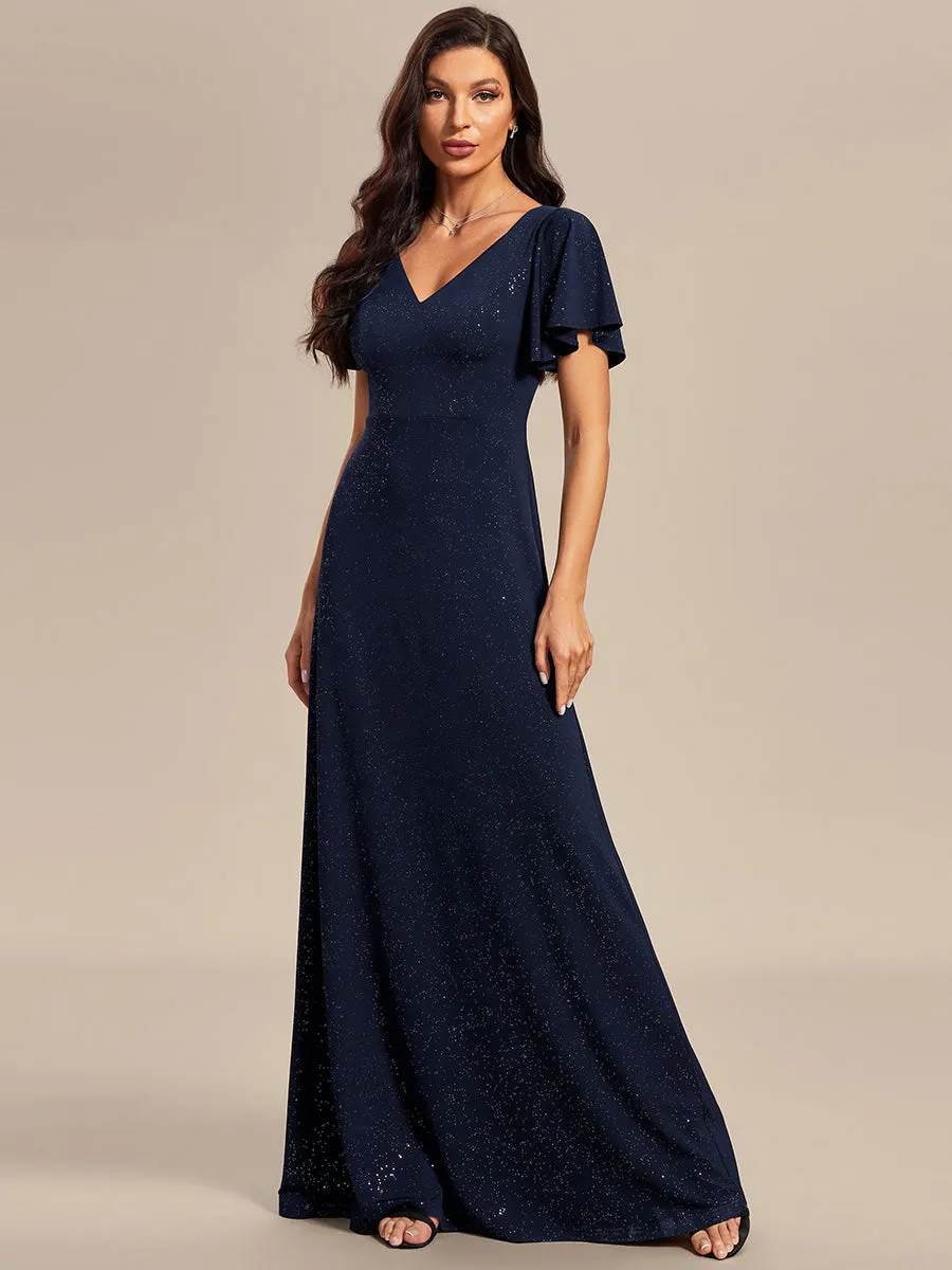 Floor Length Shiny Wholesale Evening Dresses With Ruffle Sleeves