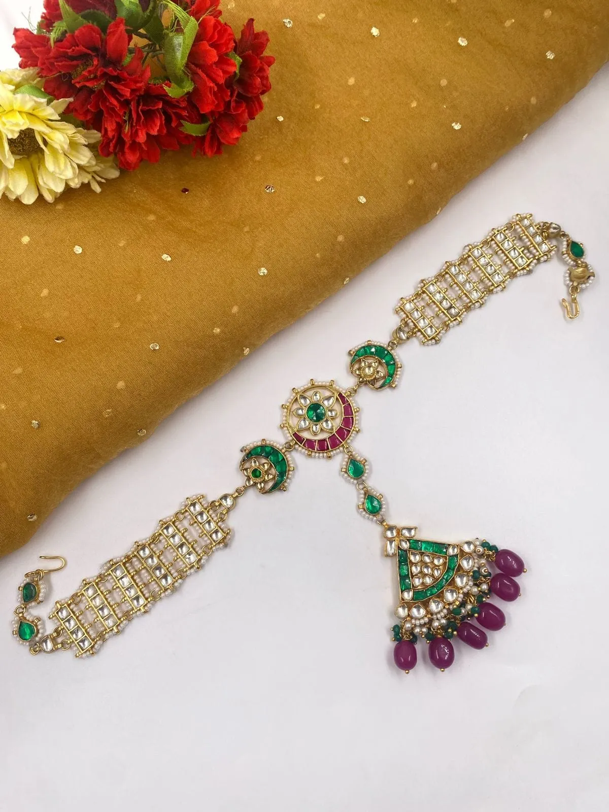 Gold Plated Handcrafted Jadau Kundan Sheeshphool With Maang Tikka For Women By Gehna Shop