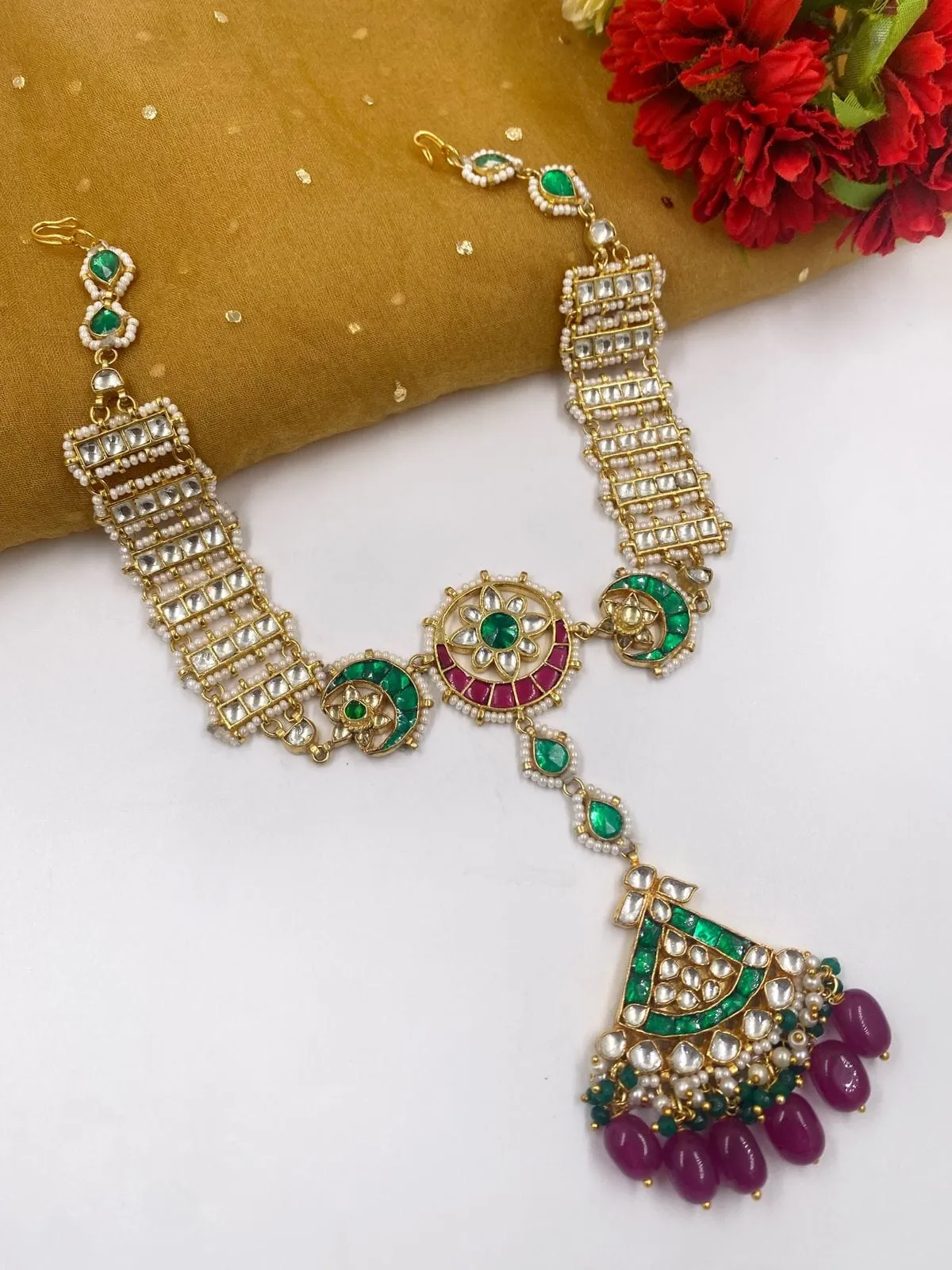 Gold Plated Handcrafted Jadau Kundan Sheeshphool With Maang Tikka For Women By Gehna Shop