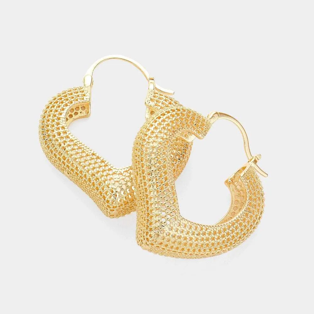 Gold Textured Metal Heart Hoop Pin Catch Earrings for Women