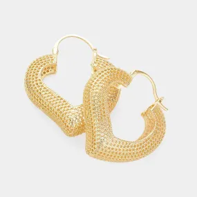 Gold Textured Metal Heart Hoop Pin Catch Earrings for Women