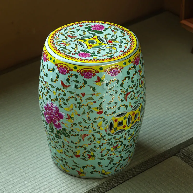 Green and Pink Flower Chinese Drum Stool