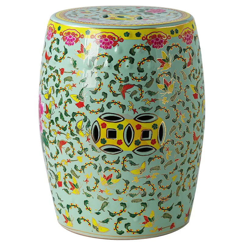 Green and Pink Flower Chinese Drum Stool