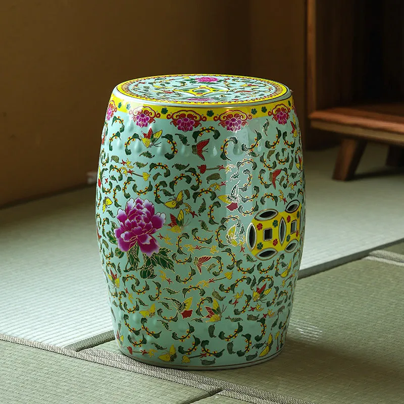 Green and Pink Flower Chinese Drum Stool