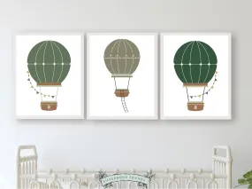 Green Hot Air Balloon Nursery Prints - Set of 3