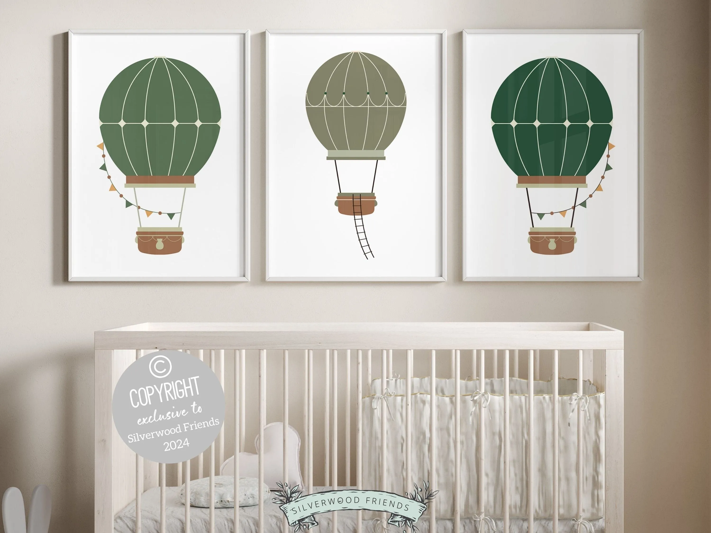 Green Hot Air Balloon Nursery Prints - Set of 3