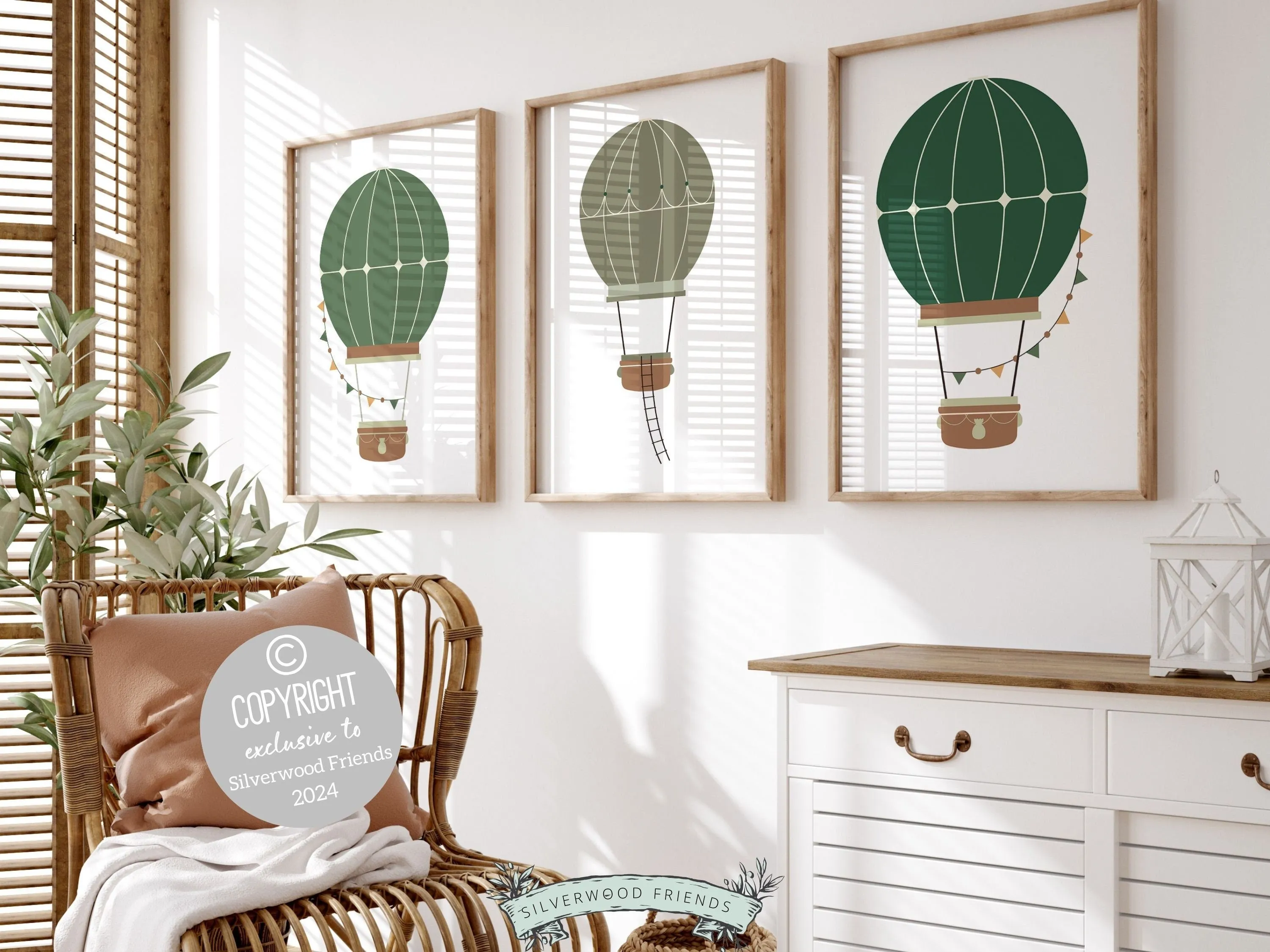 Green Hot Air Balloon Nursery Prints - Set of 3