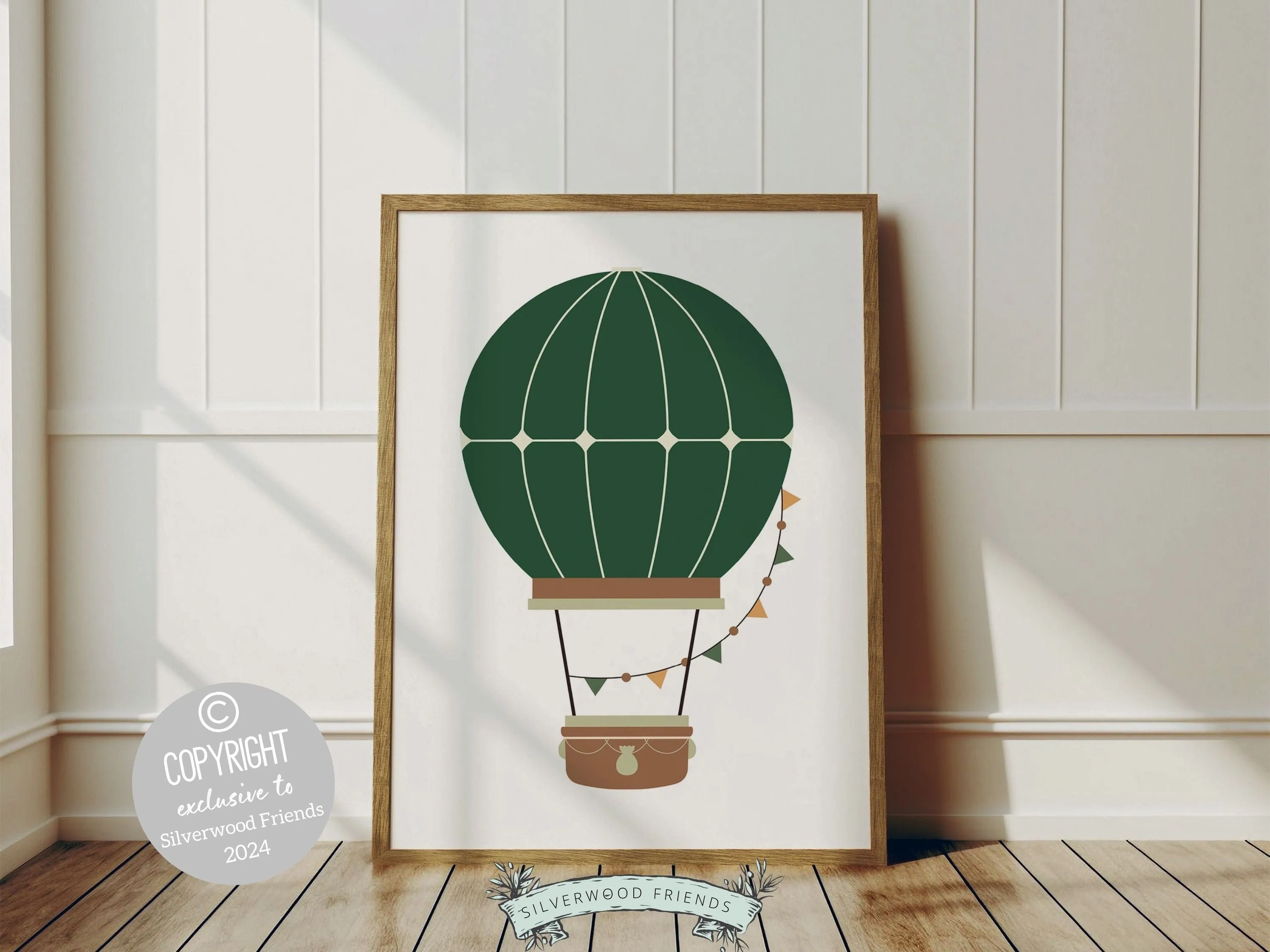 Green Hot Air Balloon Nursery Prints - Set of 3