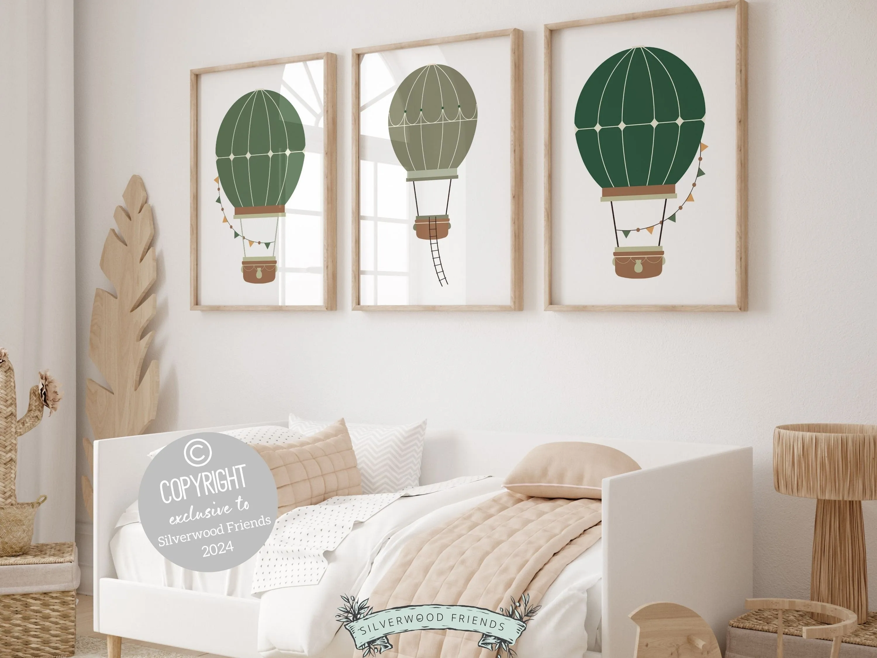 Green Hot Air Balloon Nursery Prints - Set of 3