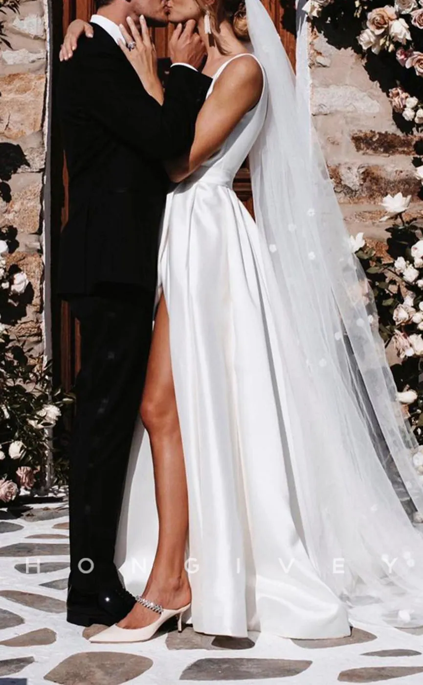 H0916 - Simple V-Neck Open Back Ruched With Train And Slit Long Wedding Dress