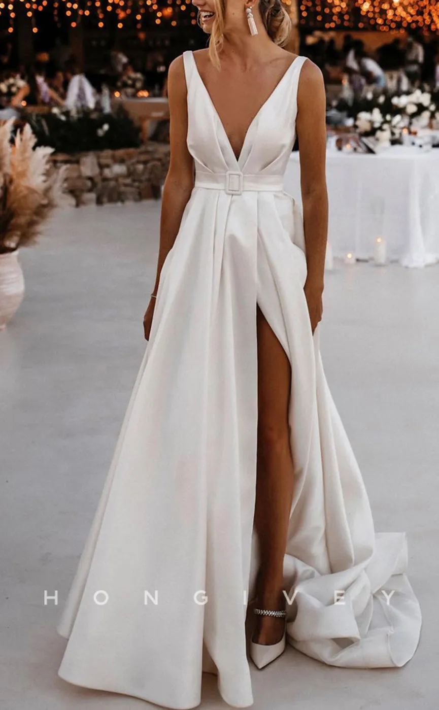 H0916 - Simple V-Neck Open Back Ruched With Train And Slit Long Wedding Dress