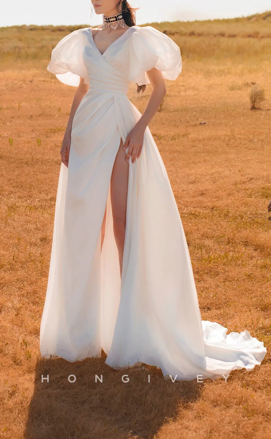 H1067 - Chic & Modern V-Neck Puff Sleeves Gown With Side Slit Beach/Boho Wedding Dress