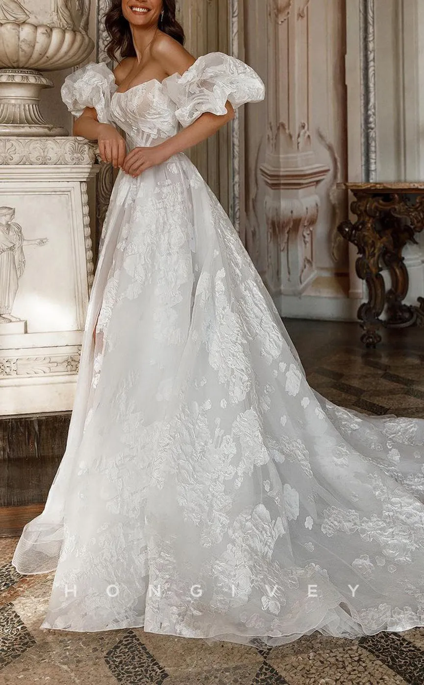 H1207 - Sexy Satin A-Line Bateau Strapless Puff Sleeves Gown Appliques Beaded With Train Wedding Dress