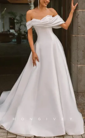 H1254 - Sexy Satin A-Line Off-Shoulder Pleats Empire With Train Wedding Dress