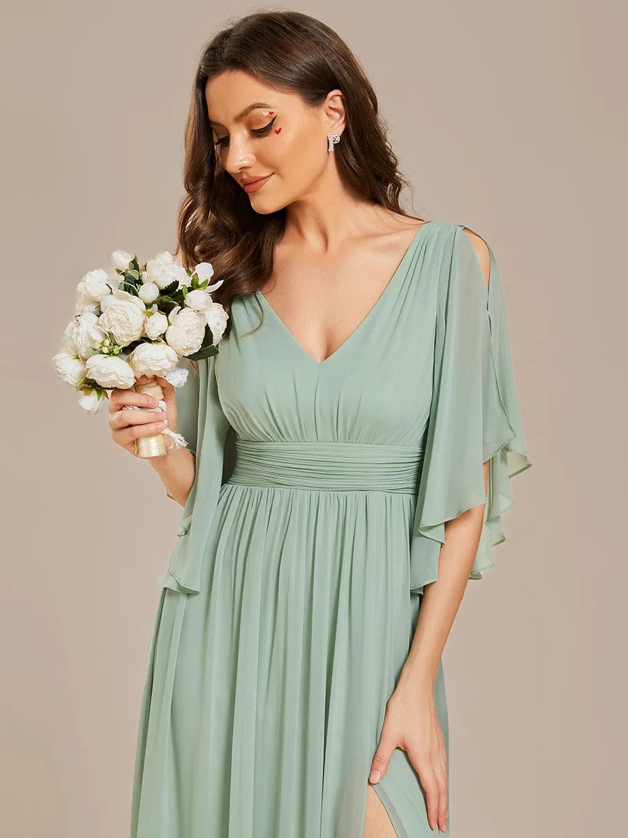 Half Sleeve V-Neck Pleated High Slit A-Line Chiffon Bridesmaid Dress