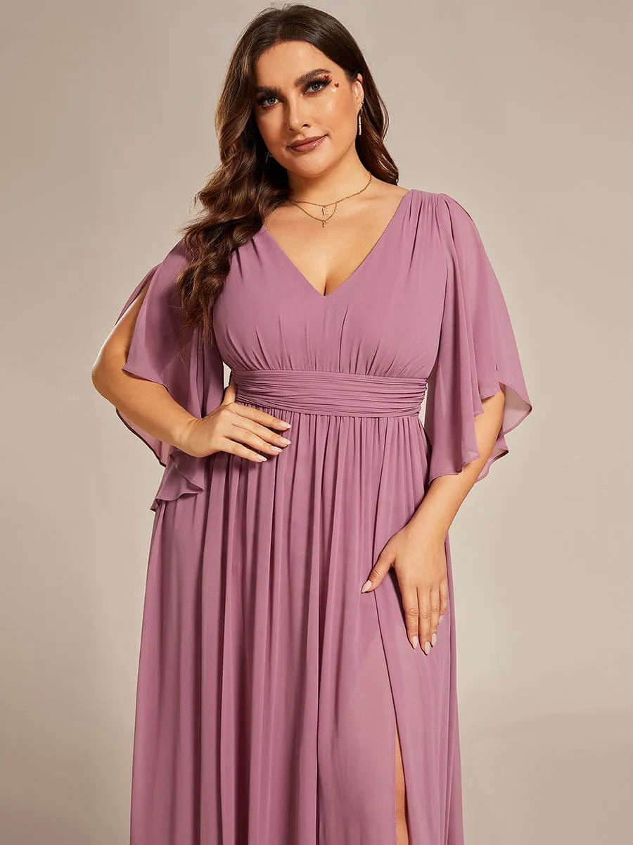 Half Sleeve V-Neck Pleated High Slit A-Line Chiffon Bridesmaid Dress